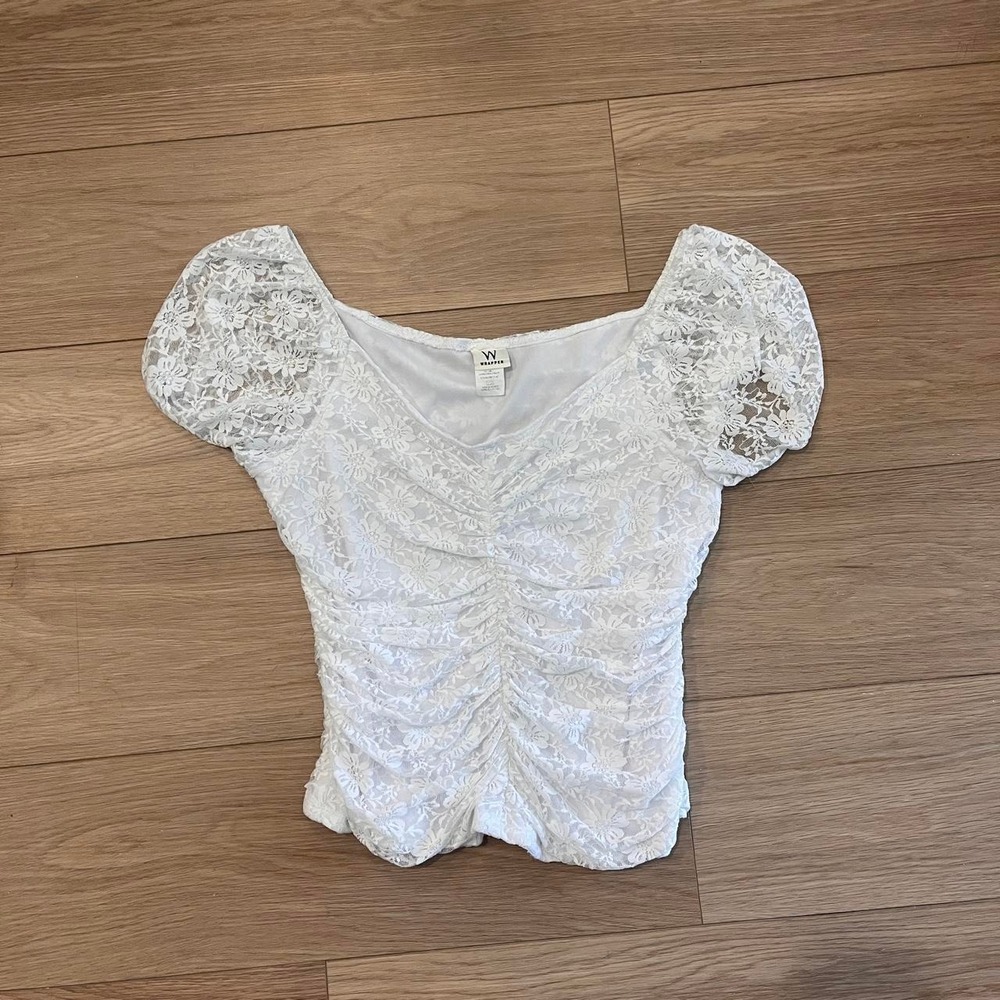 Vintage White floral Lace Ruched Top Puff Sleeves Fairy Balletcore Y2K Coquette